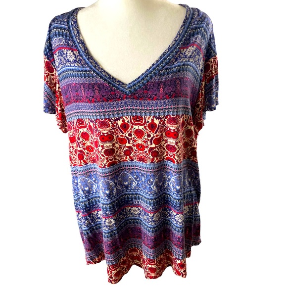 live and let live Tops - Live and Let Live Popover Top Women XL Blue Red Tan Boho Folk Art Print
